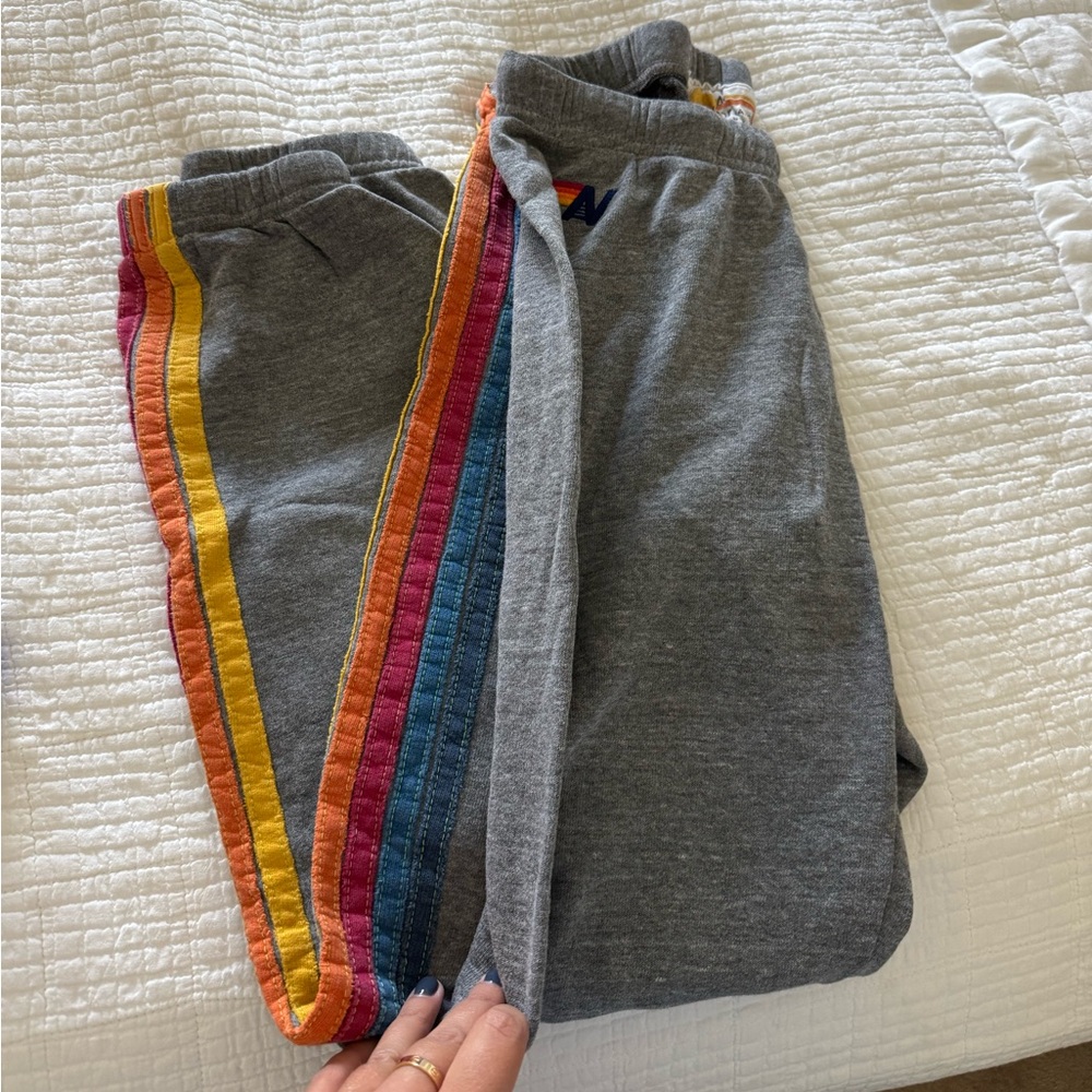 Aviator Nation Gray Joggers with Rainbow Stripes